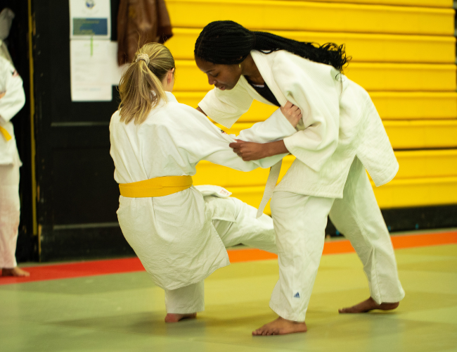 Two judo members in action